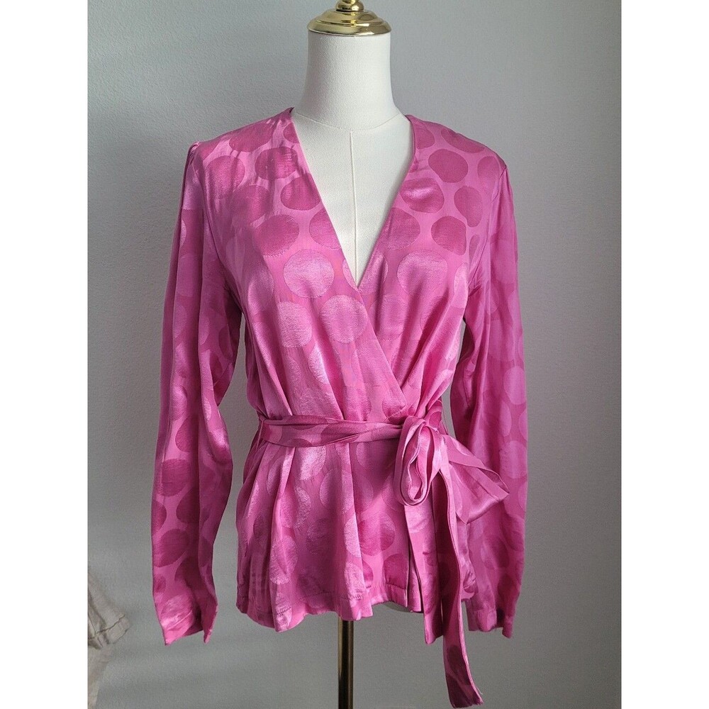 Topshop Pink Polka Dot Satin Jacquard Wrap Blouse Top Tie Waist US 4 Barbiecore